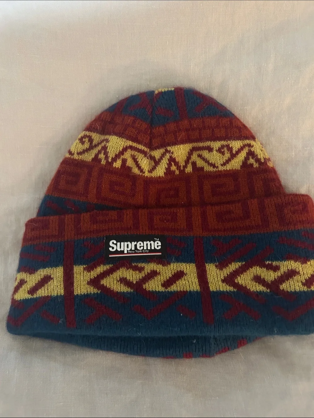 Supreme patterned knit beanie in burgundy, mustard & teal